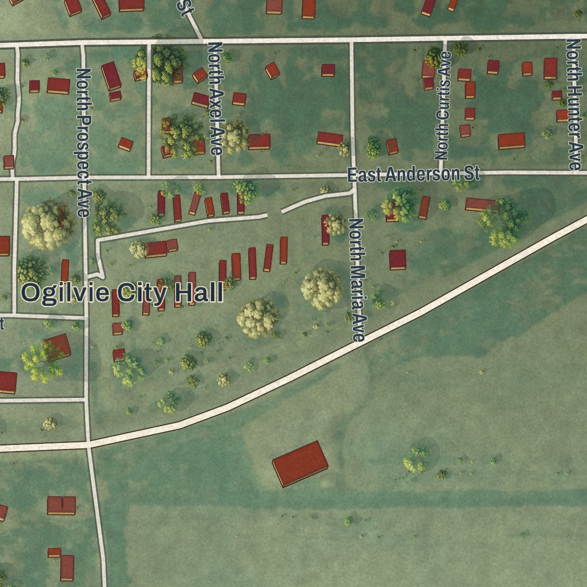 Close-up of the map of Ogilvie, Minnesota print showing street and building detail