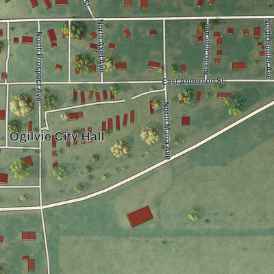 Close-up of the map of Ogilvie, Minnesota print showing street and building detail