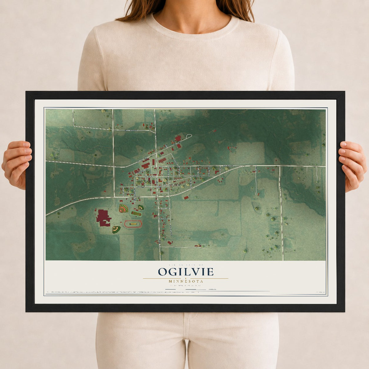 Map of Ogilvie, Minnesota, 12 x 18 inch print in a black wood frame