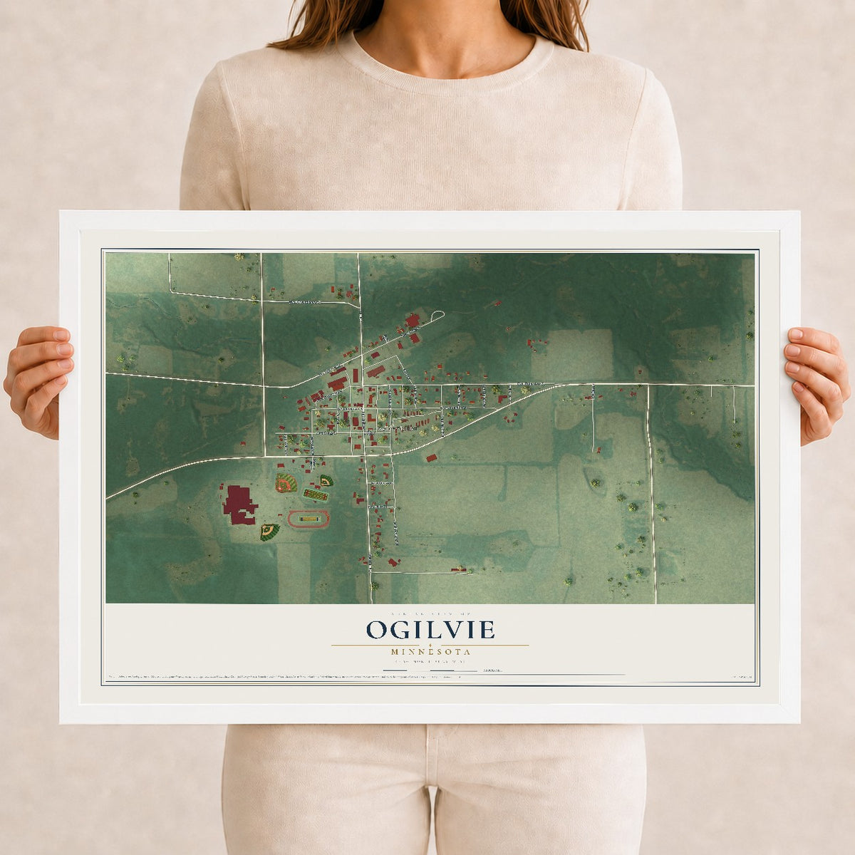 Map of Ogilvie, Minnesota, 12 x 18 inch print in a white wood frame