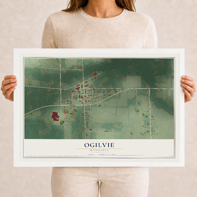 Map of Ogilvie, Minnesota, 12 x 18 inch print in a white wood frame