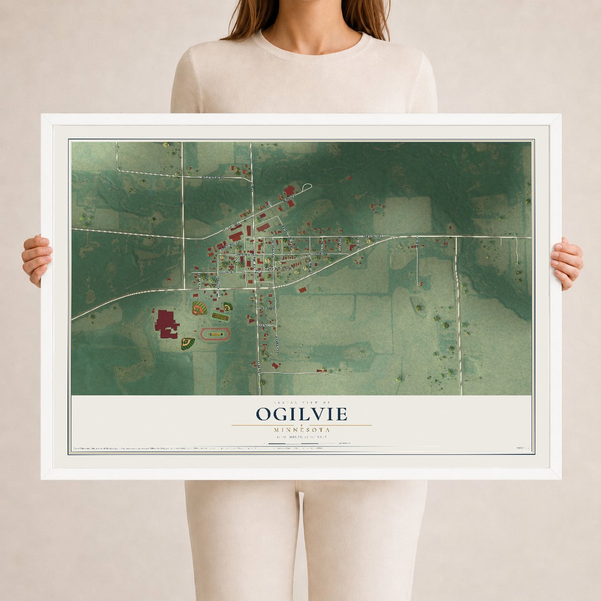 Map of Ogilvie, Minnesota, 24 x 36 inch print in a white wood frame