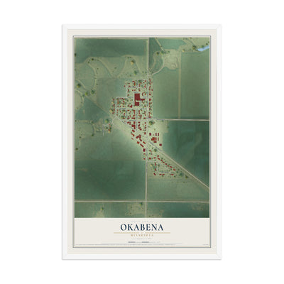 Map of Okabena, Minnesota, 12 x 18 inch print in a white wood frame