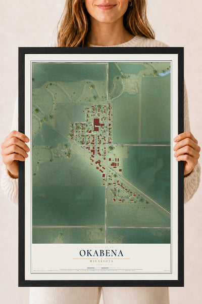 Map of Okabena, Minnesota, 18 x 24 inch print in a black wood frame