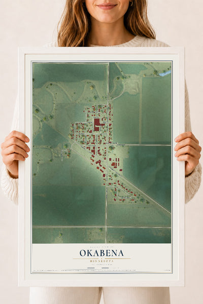 Map of Okabena, Minnesota, 18 x 24 inch print in a white wood frame