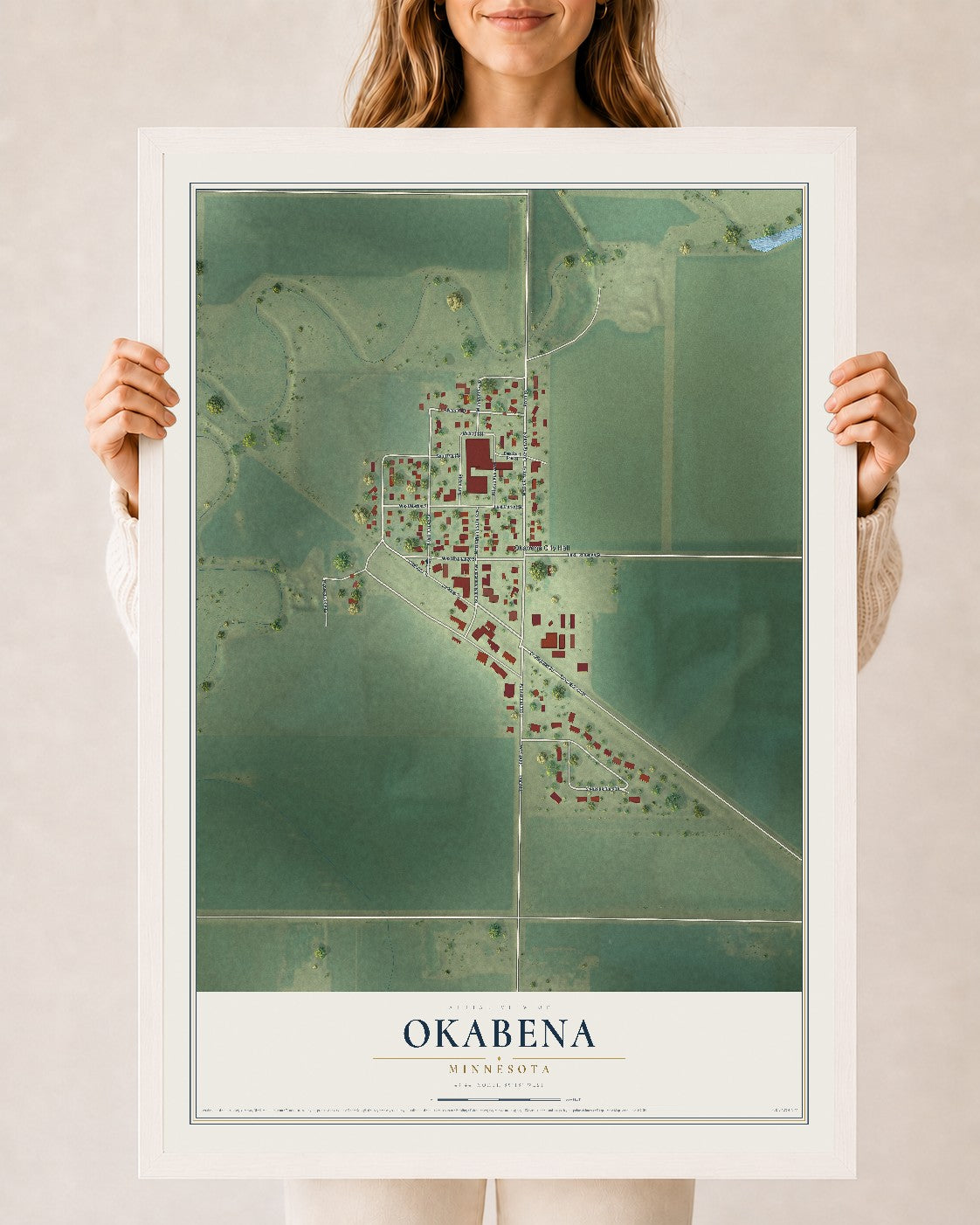 Map of Okabena, Minnesota, 24 x 36 inch print in a white wood frame