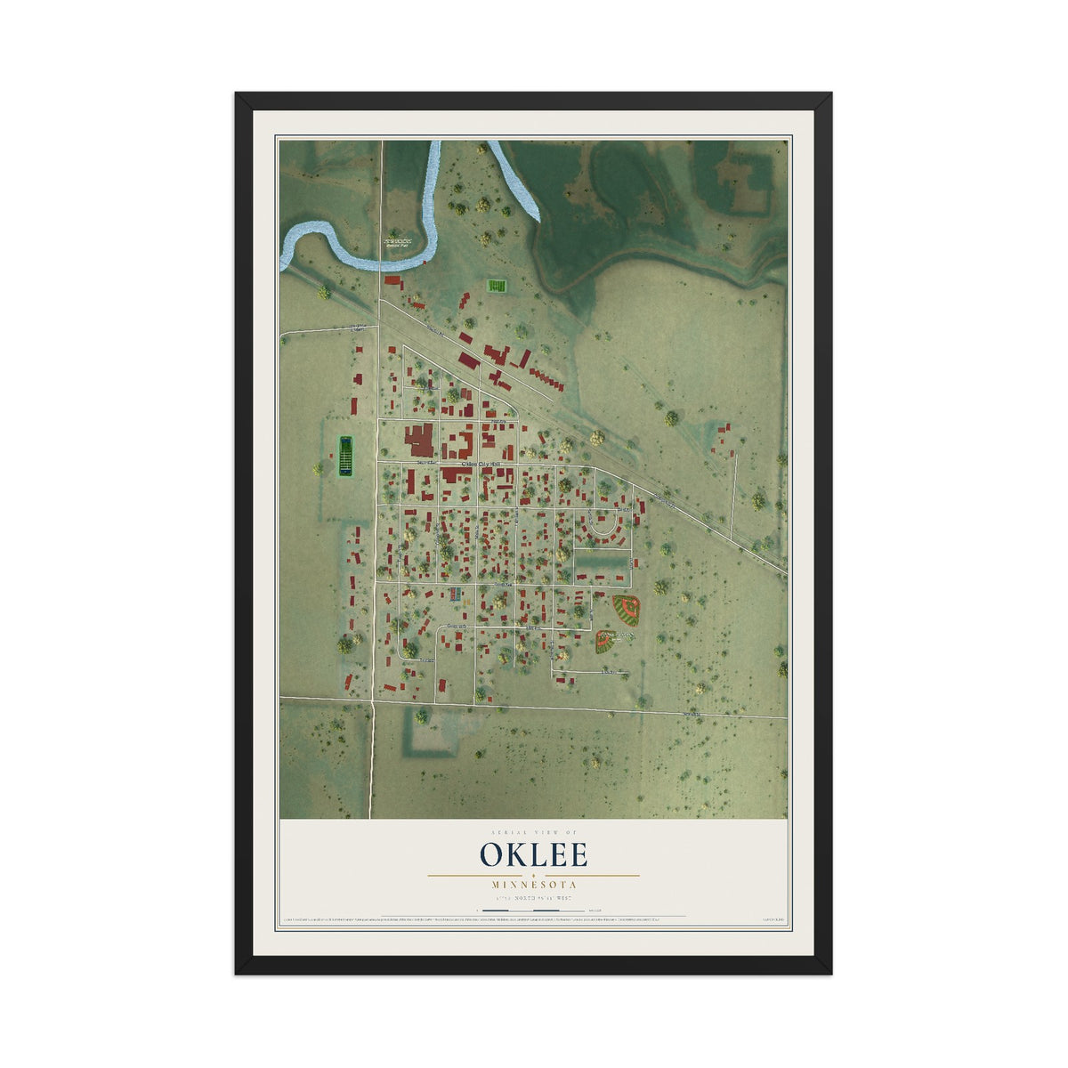Map of Oklee, Minnesota, 12 x 18 inch print in a black wood frame