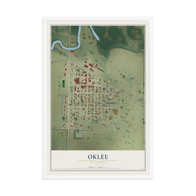 Map of Oklee, Minnesota, 12 x 18 inch print in a white wood frame