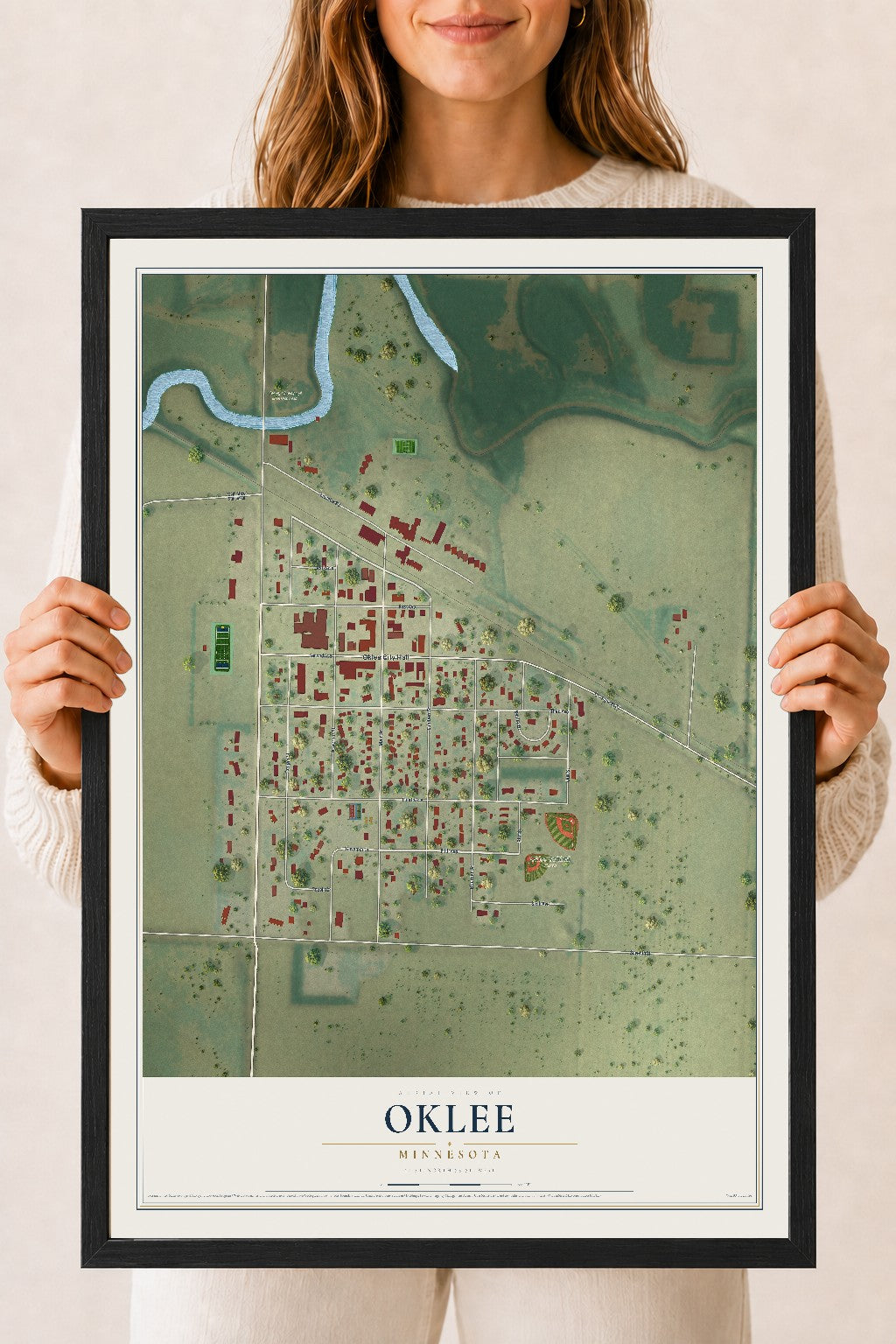 Map of Oklee, Minnesota, 18 x 24 inch print in a black wood frame