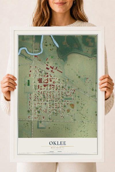 Map of Oklee, Minnesota, 18 x 24 inch print in a white wood frame
