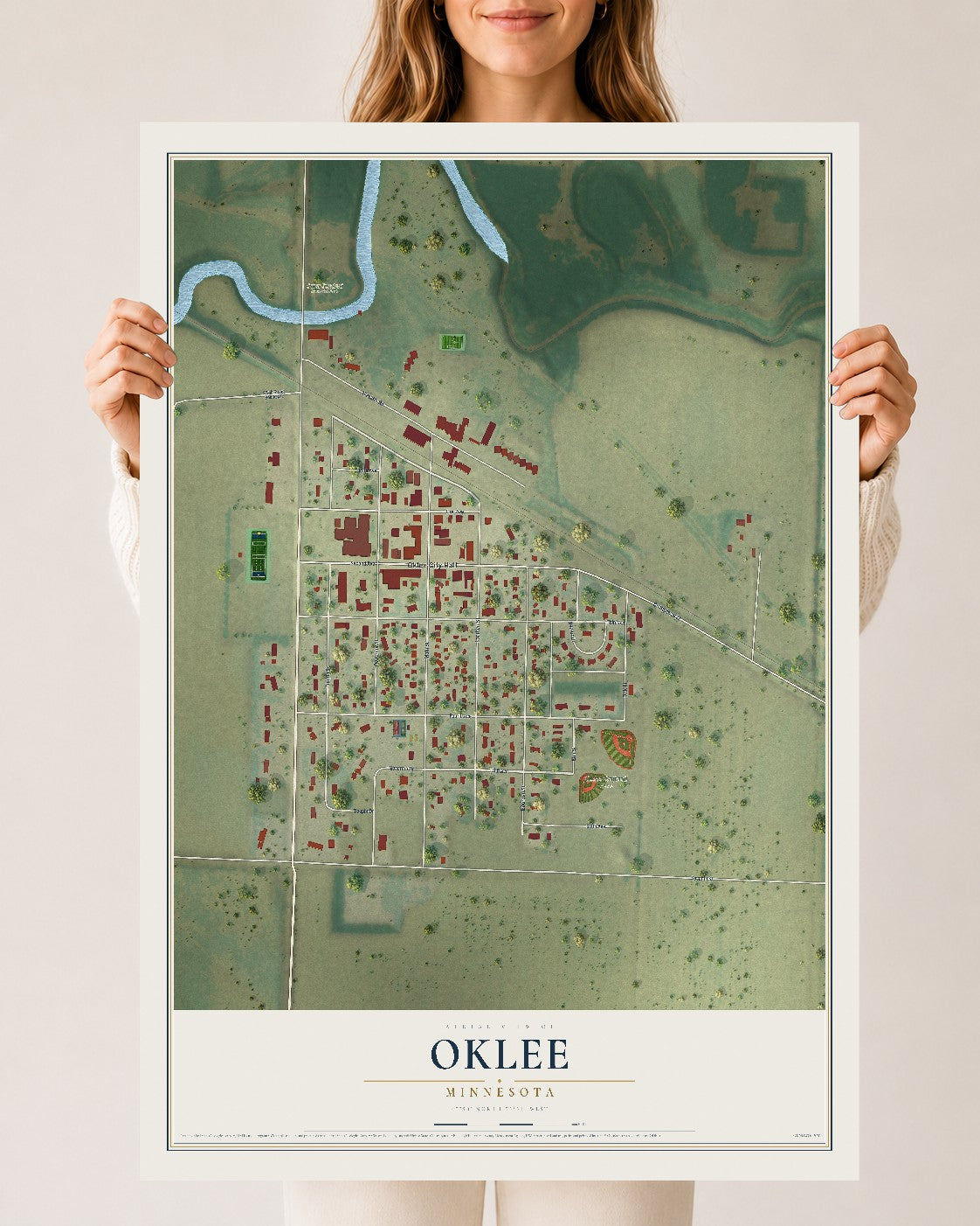 Map of Oklee, Minnesota, 24 x 36 inch unframed archival matte print