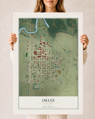 Map of Oklee, Minnesota, 24 x 36 inch print in a white wood frame