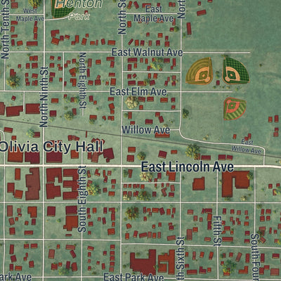 Close-up of the map of Olivia, Minnesota print showing street and building detail