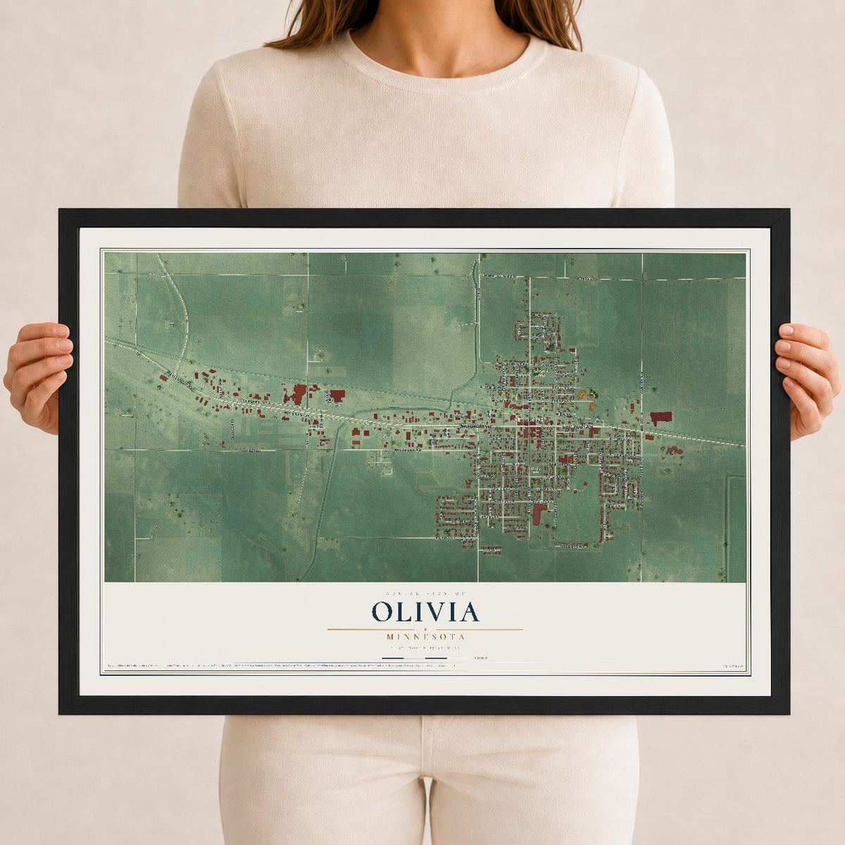 Map of Olivia, Minnesota, 12 x 18 inch print in a black wood frame