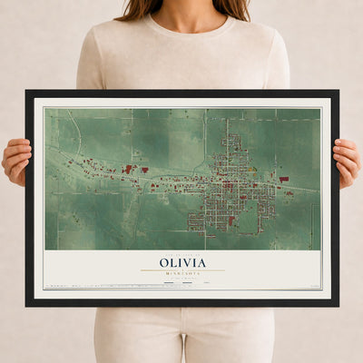 Map of Olivia, Minnesota, 12 x 18 inch print in a black wood frame