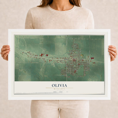 Map of Olivia, Minnesota, 12 x 18 inch print in a white wood frame