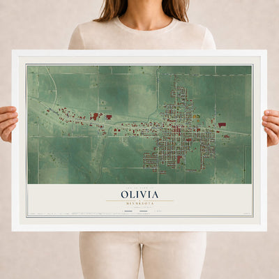 Map of Olivia, Minnesota, 18 x 24 inch print in a white wood frame