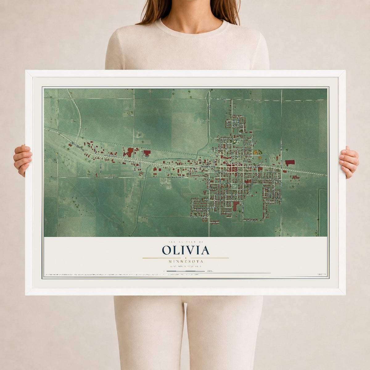 Map of Olivia, Minnesota, 24 x 36 inch print in a white wood frame