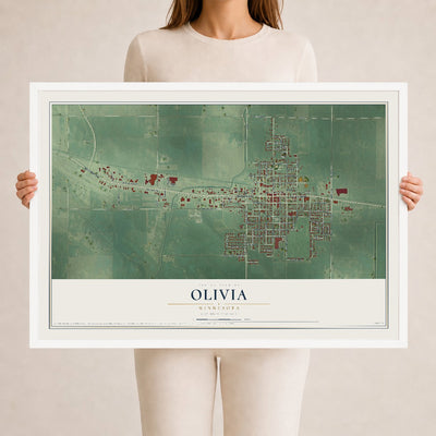 Map of Olivia, Minnesota, 24 x 36 inch print in a white wood frame