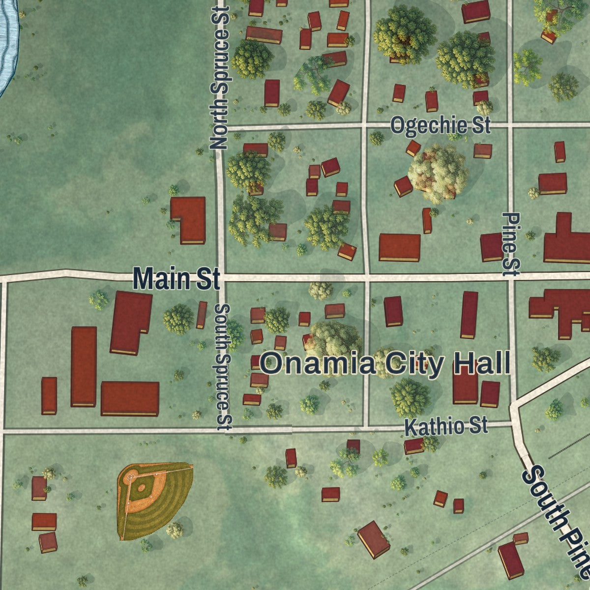 Close-up of the map of Onamia, Minnesota print showing street and building detail