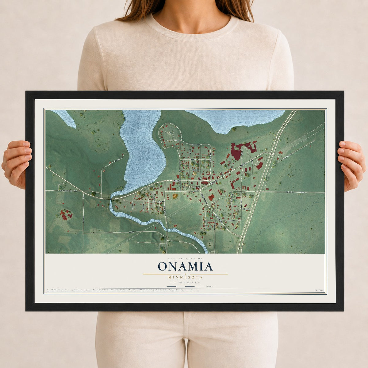 Map of Onamia, Minnesota, 12 x 18 inch print in a black wood frame