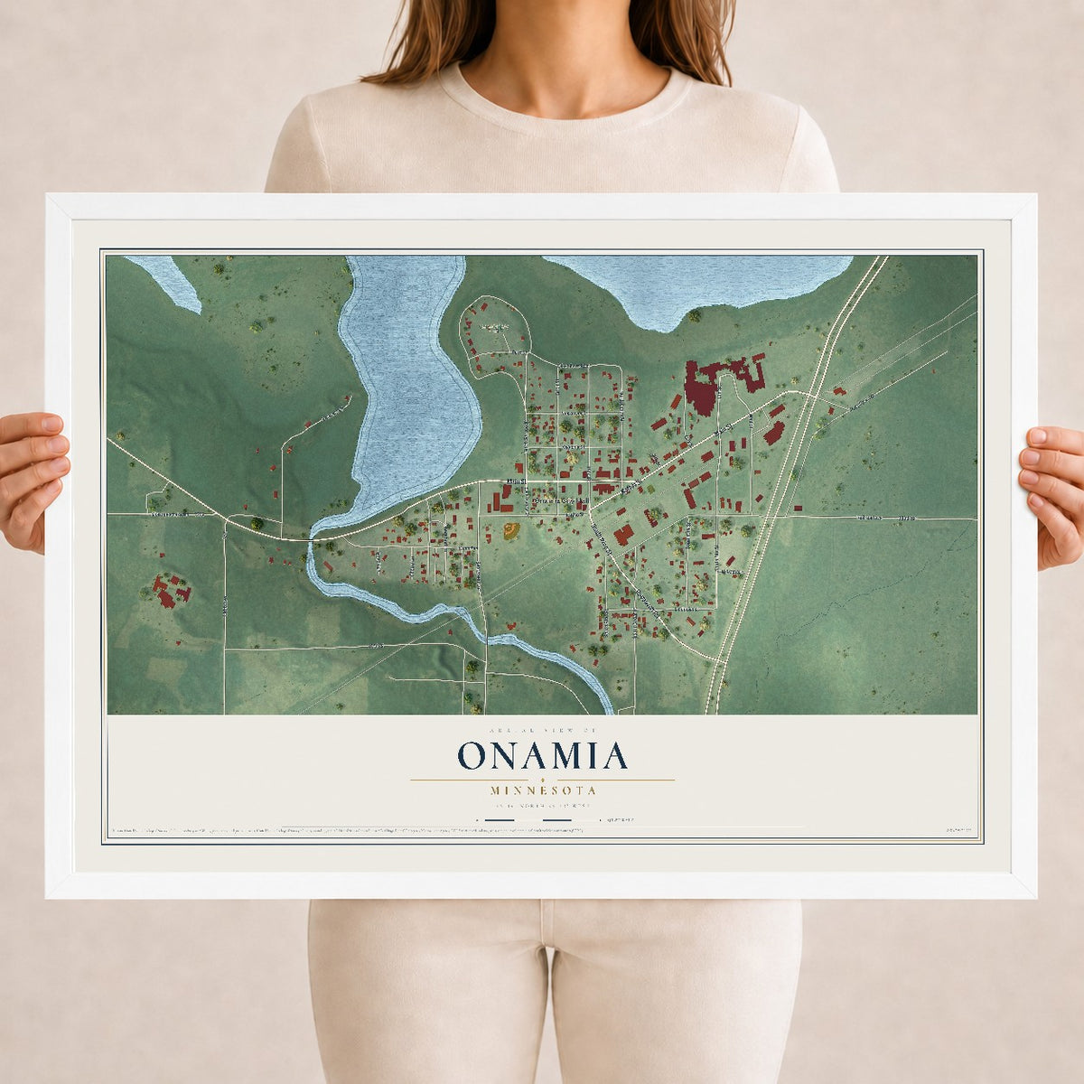 Map of Onamia, Minnesota, 18 x 24 inch print in a white wood frame