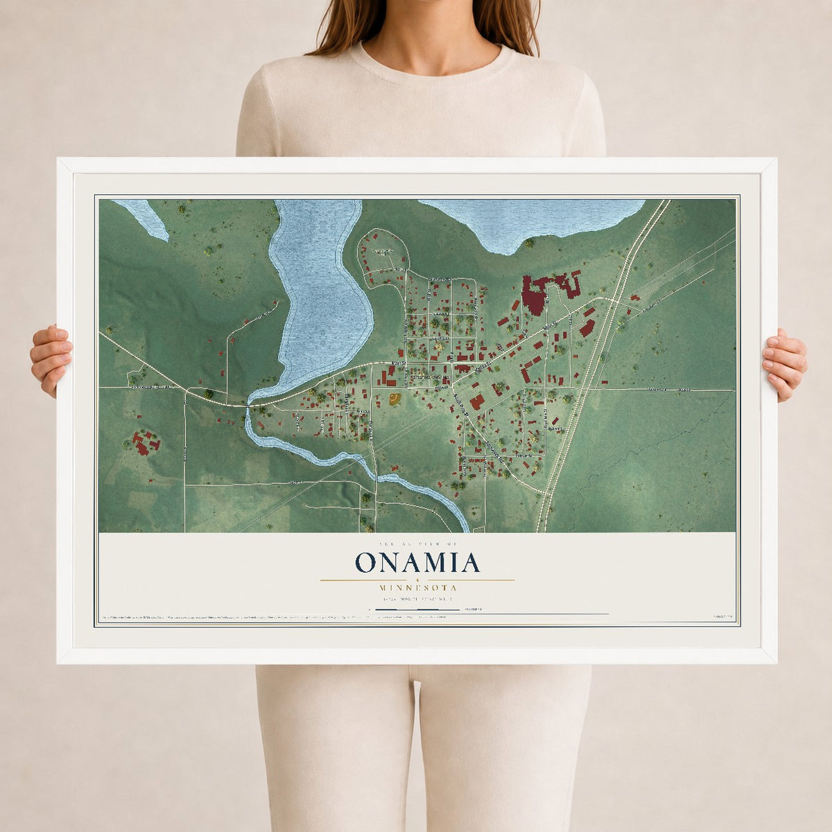 Map of Onamia, Minnesota, 24 x 36 inch print in a white wood frame