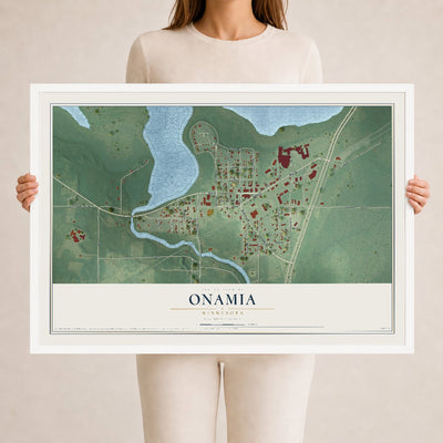 Map of Onamia, Minnesota, 24 x 36 inch print in a white wood frame