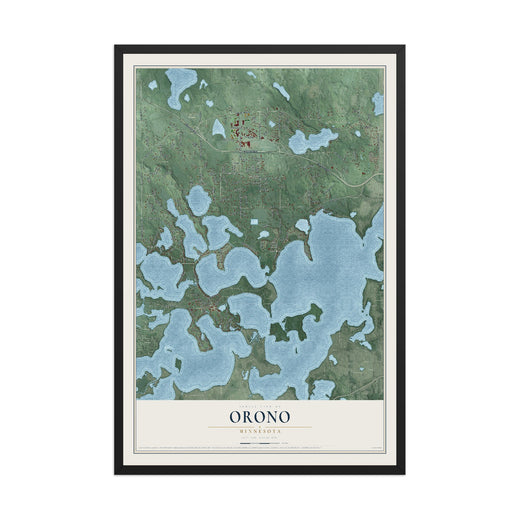 Map of Orono, Minnesota, 12 x 18 inch print in a black wood frame