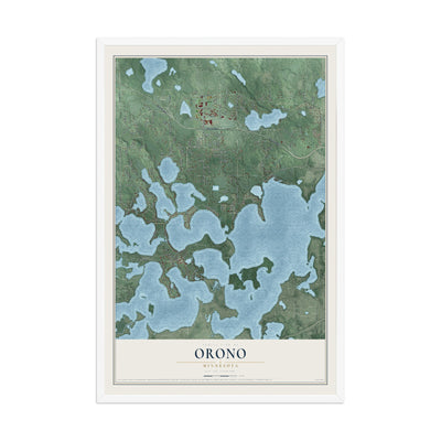 Map of Orono, Minnesota, 12 x 18 inch print in a white wood frame