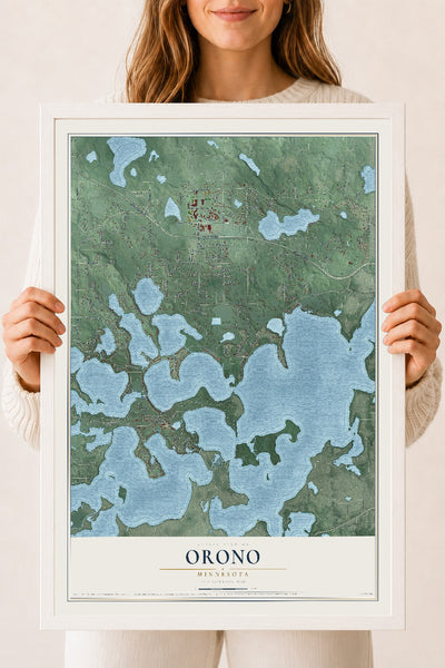 Map of Orono, Minnesota, 18 x 24 inch print in a white wood frame