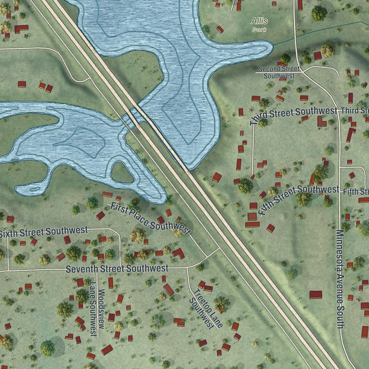 Close-up of the map of Oronoco, Minnesota print showing street and building detail