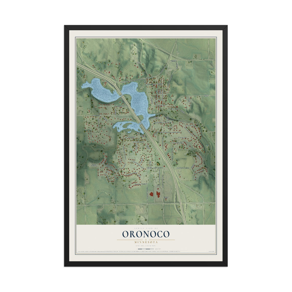 Map of Oronoco, Minnesota, 12 x 18 inch print in a black wood frame