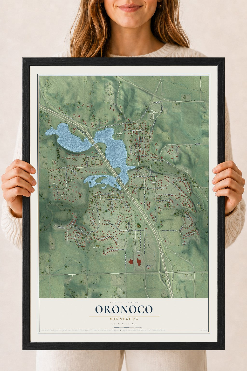 Map of Oronoco, Minnesota, 18 x 24 inch print in a black wood frame