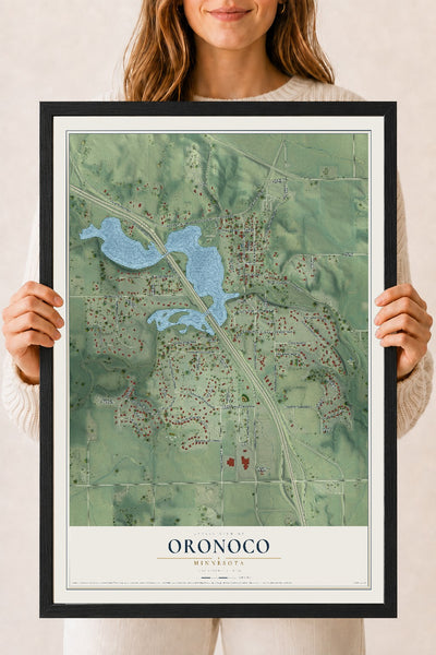 Map of Oronoco, Minnesota, 18 x 24 inch print in a black wood frame
