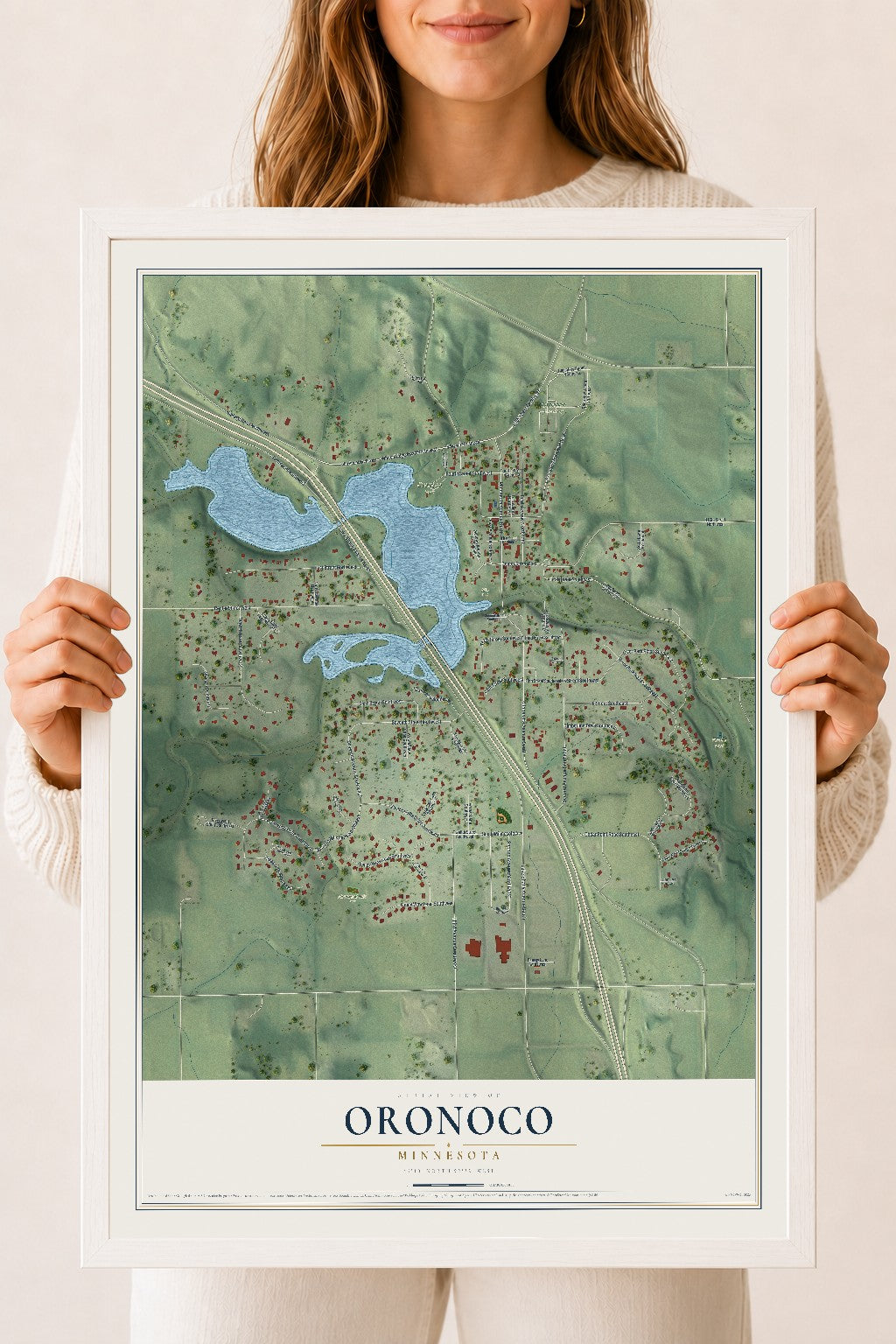 Map of Oronoco, Minnesota, 18 x 24 inch print in a white wood frame