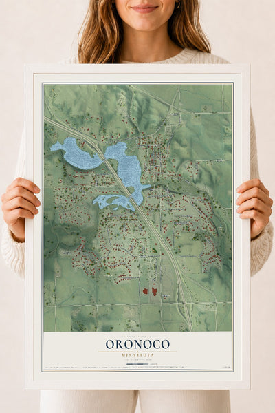Map of Oronoco, Minnesota, 18 x 24 inch print in a white wood frame