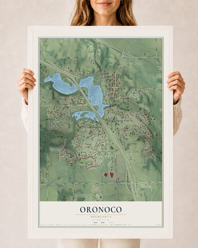 Map of Oronoco, Minnesota, 24 x 36 inch print in a white wood frame