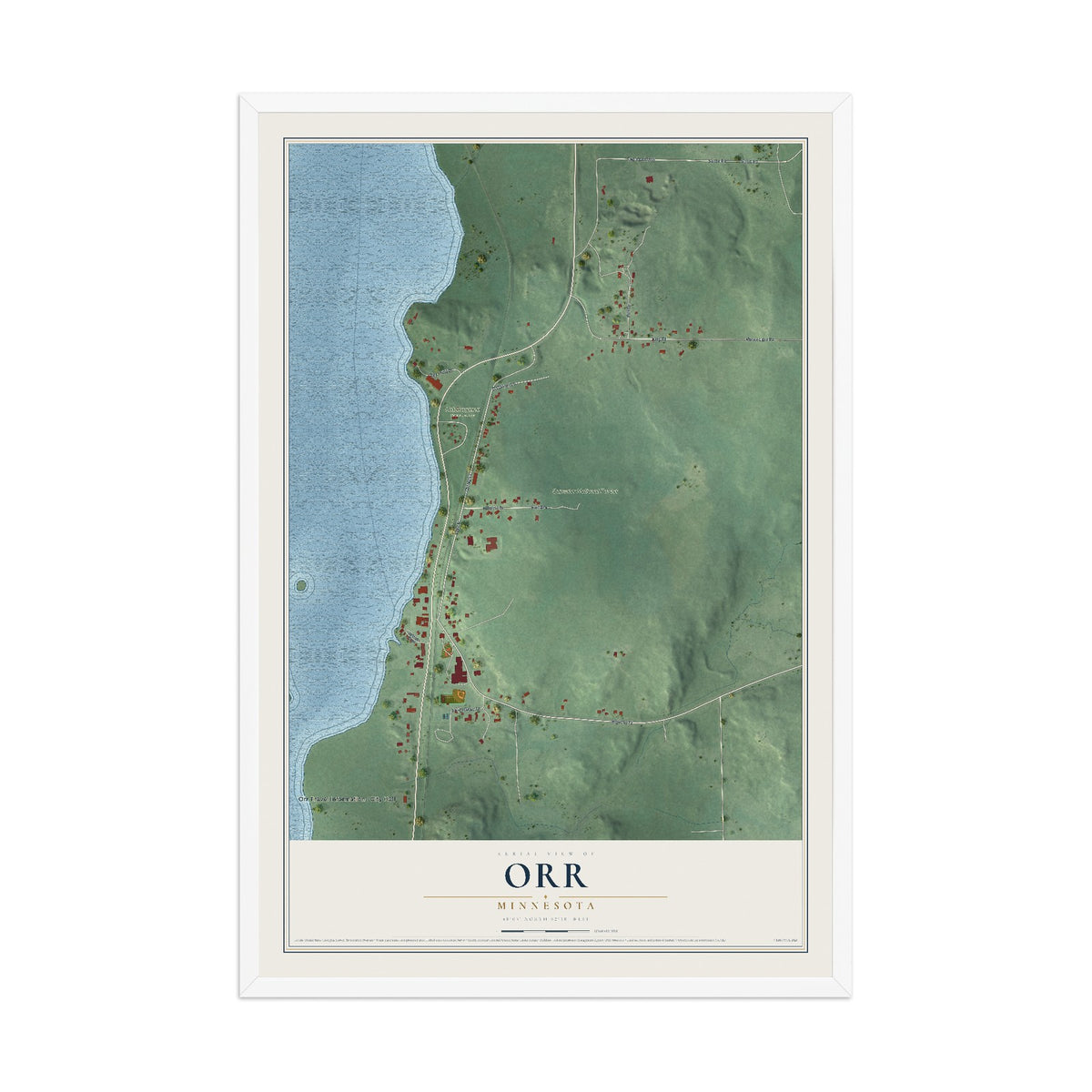 Map of Orr, Minnesota, 12 x 18 inch print in a white wood frame