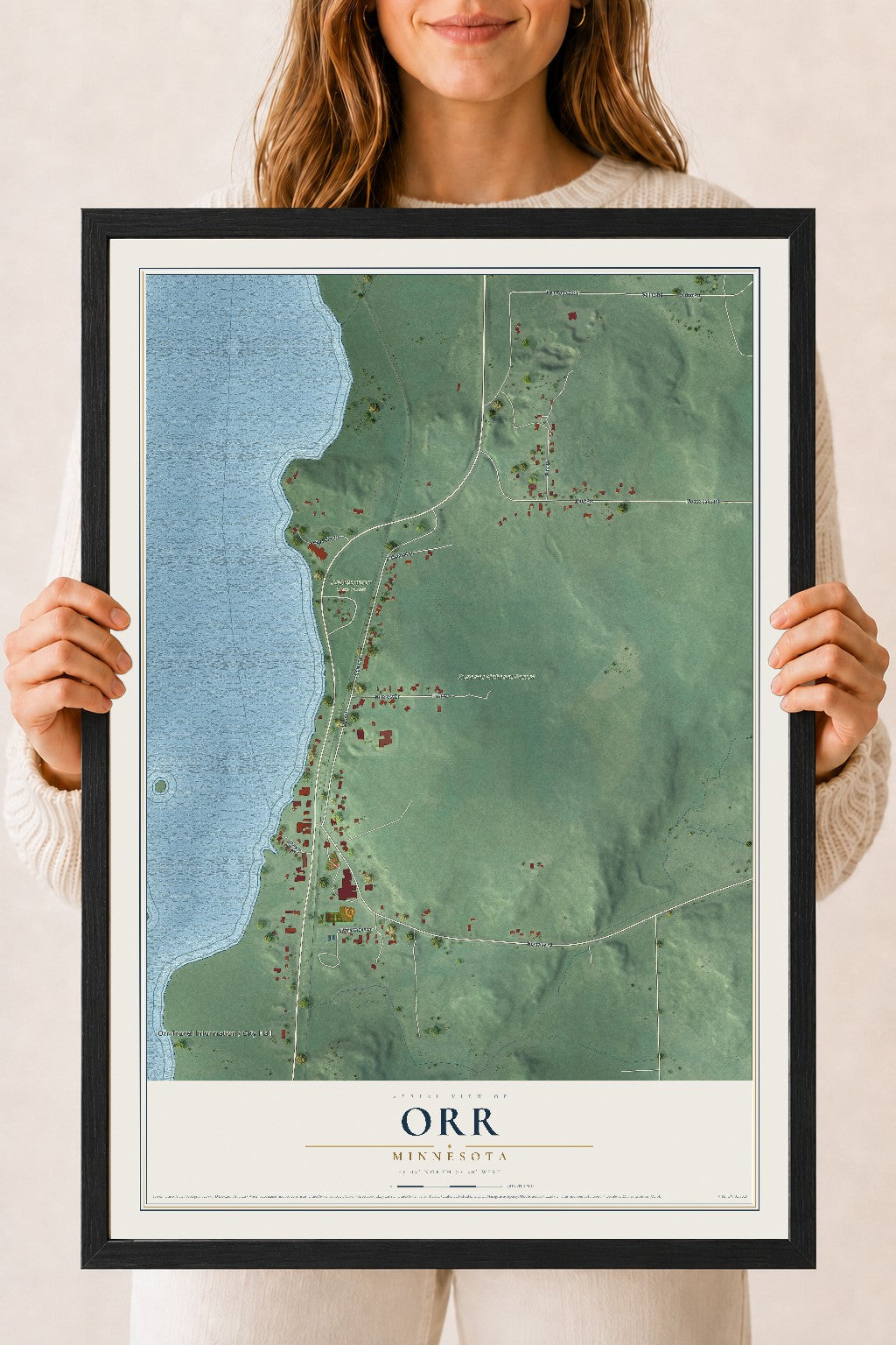 Map of Orr, Minnesota, 18 x 24 inch print in a black wood frame