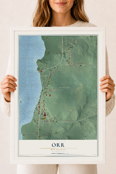 Map of Orr, Minnesota, 18 x 24 inch print in a white wood frame