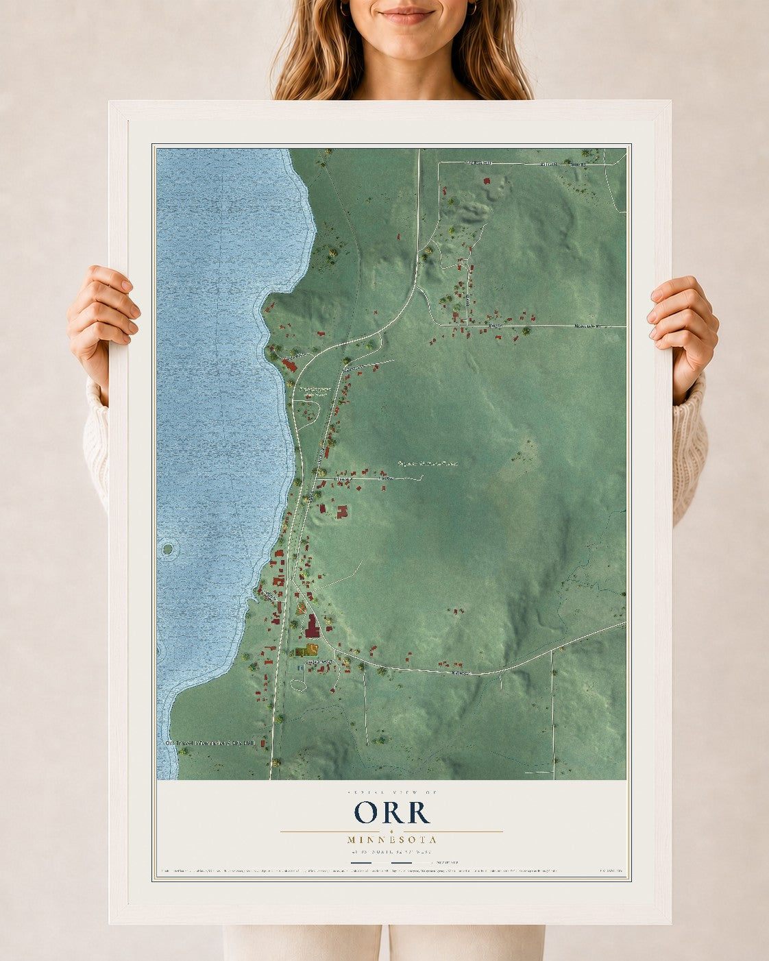 Map of Orr, Minnesota, 24 x 36 inch print in a white wood frame