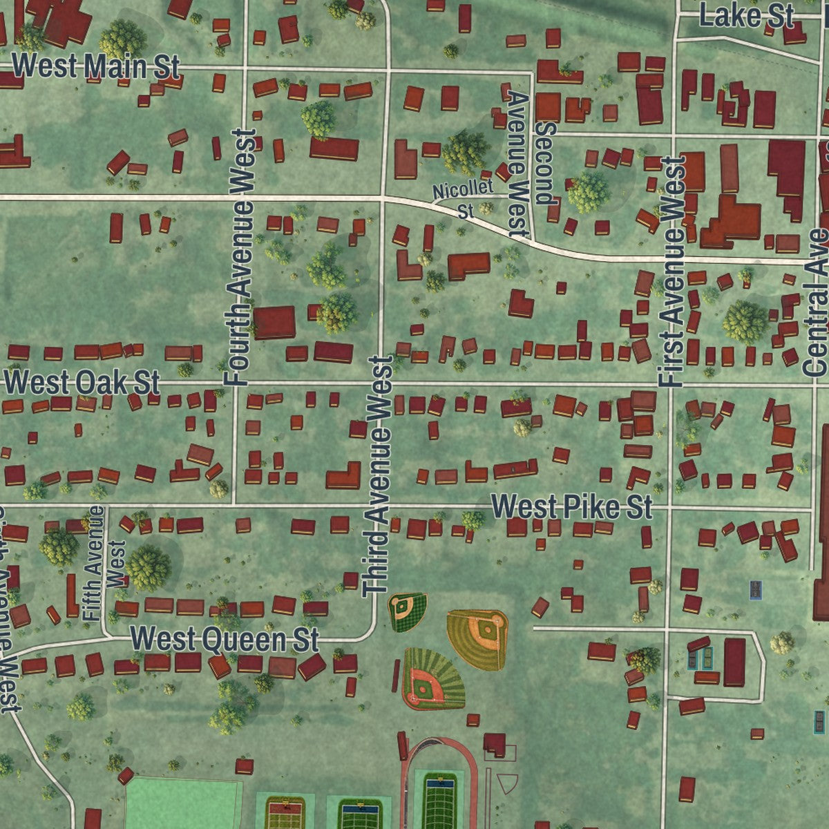 Close-up of the map of Osakis, Minnesota print showing street and building detail