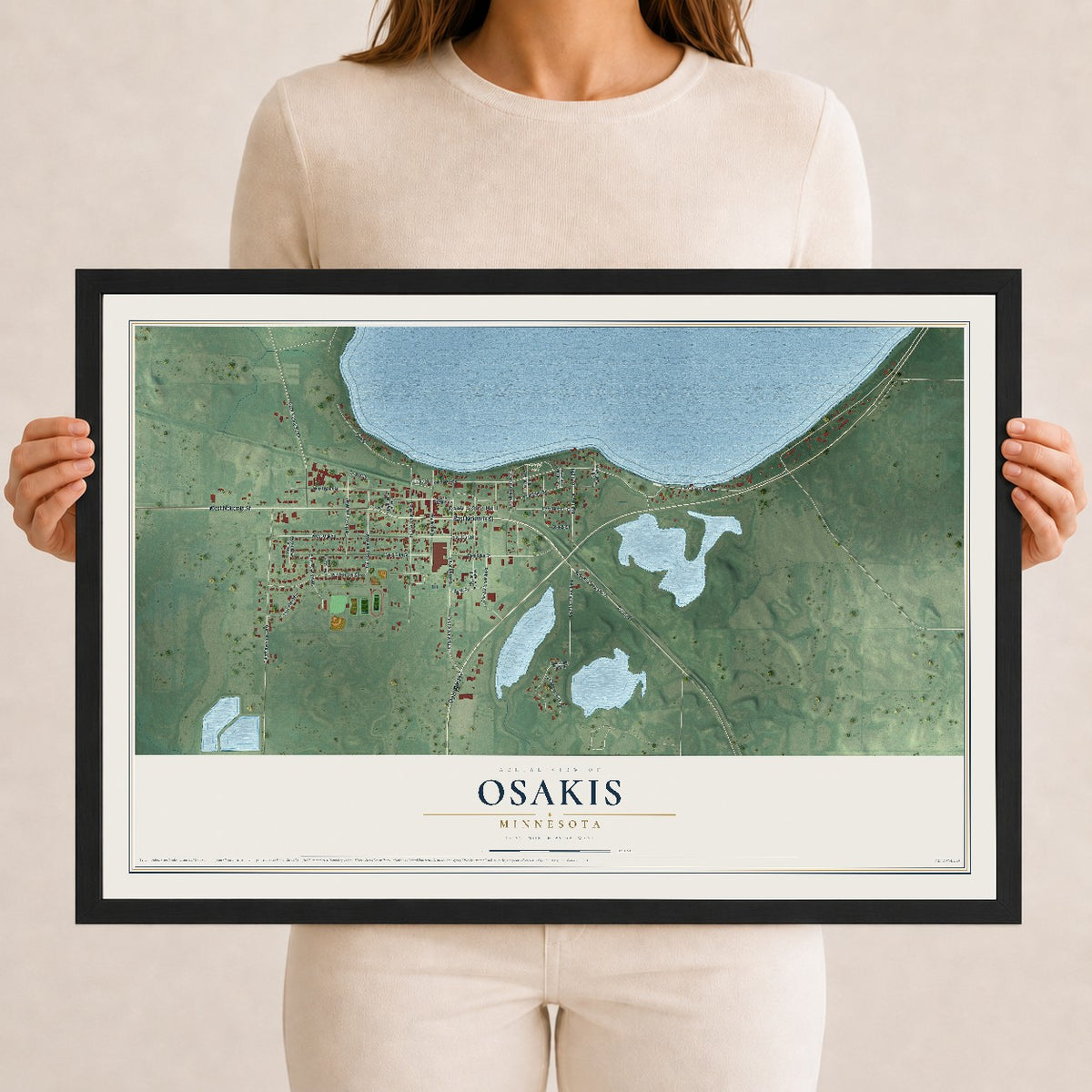 Map of Osakis, Minnesota, 12 x 18 inch print in a black wood frame