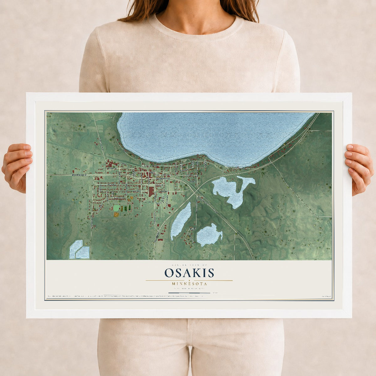 Map of Osakis, Minnesota, 12 x 18 inch print in a white wood frame