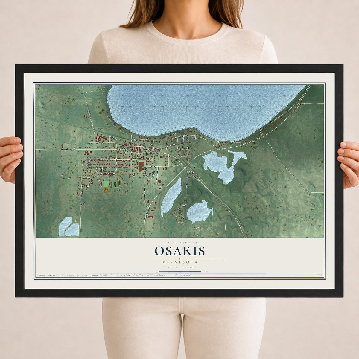 Map of Osakis, Minnesota, 18 x 24 inch print in a black wood frame