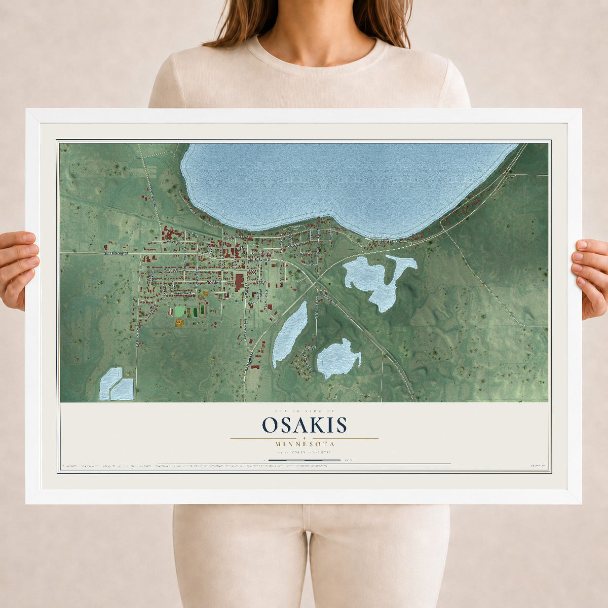 Map of Osakis, Minnesota, 18 x 24 inch print in a white wood frame
