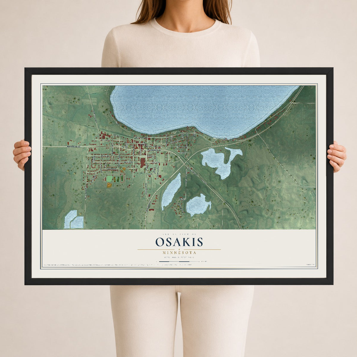Map of Osakis, Minnesota, 24 x 36 inch print in a black wood frame