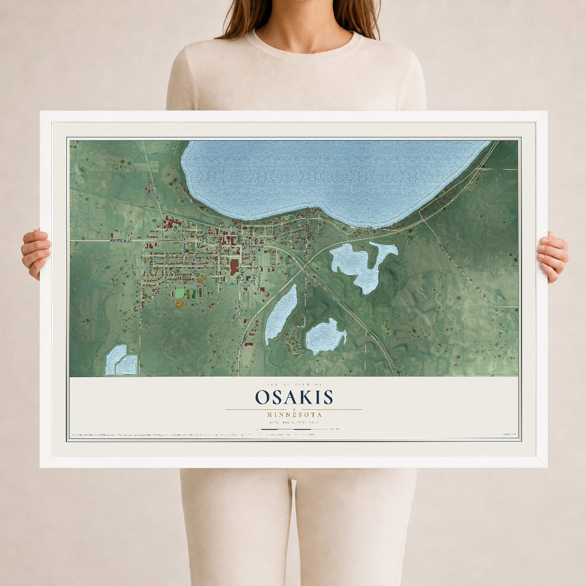 Map of Osakis, Minnesota, 24 x 36 inch print in a white wood frame