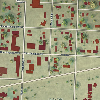 Close-up of the map of Oslo, Minnesota print showing street and building detail